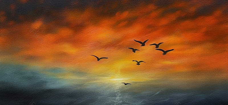 油画风哥火山云晚霞时分广阔的天空几只飞鸟飞过背景插画,插画/手绘图,插画/手绘图库,插画/手绘图下载,插画/手绘